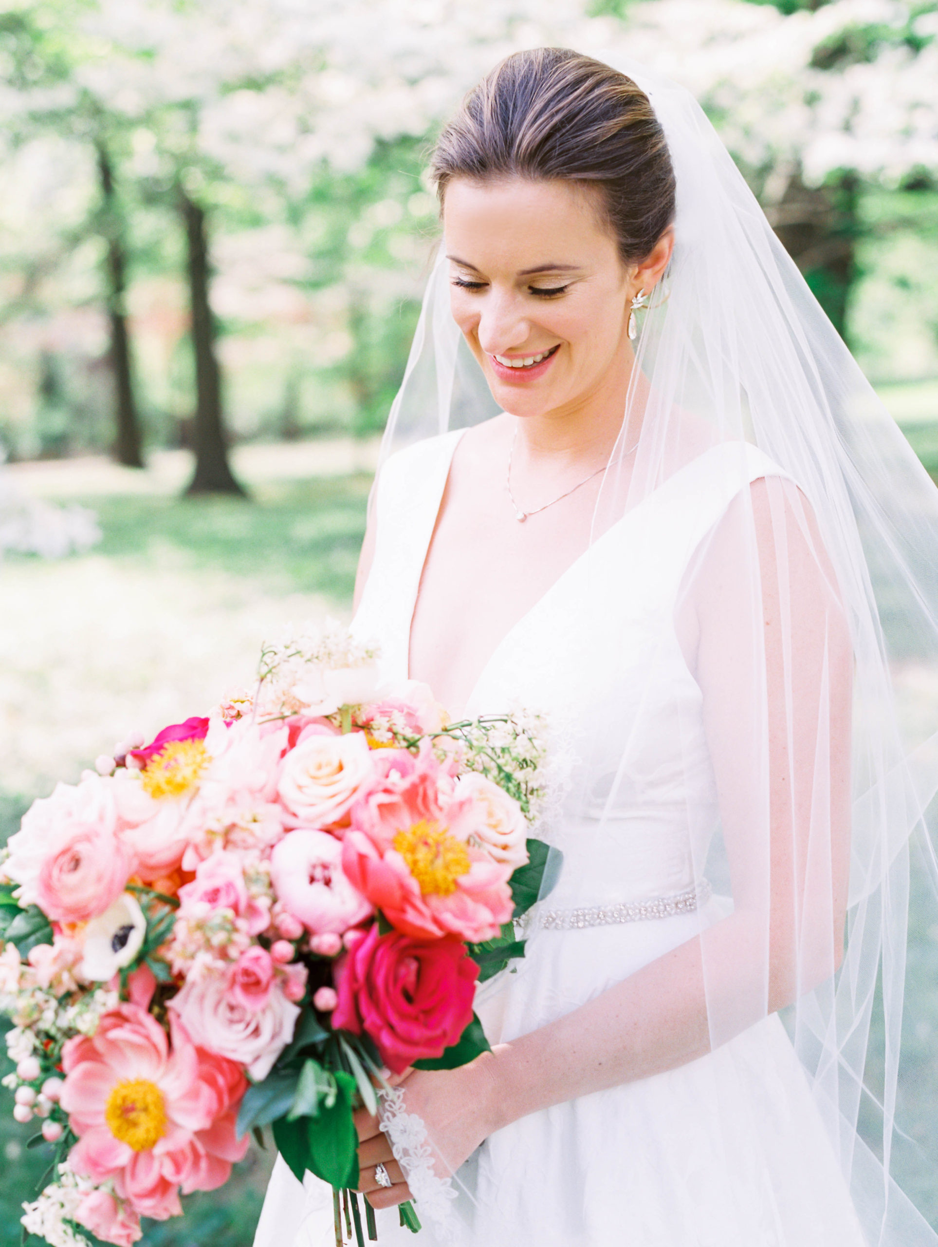 Colorful pink spring bridal bouquet for St Louis spring wedding
